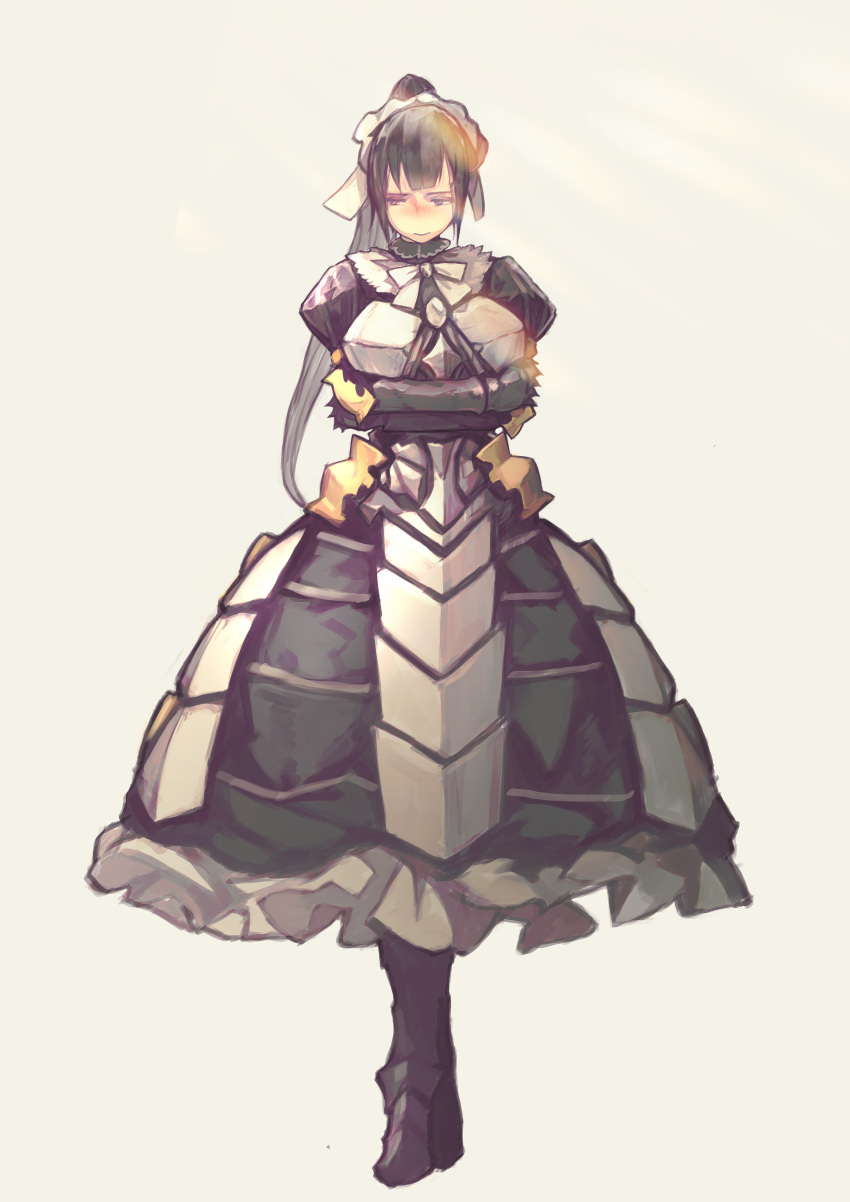 1girl absurdres armor armored_boots armored_dress bangs black_eyes black_hair boots bow breastplate breasts crossed_arms dress faulds gauntlets gloves highres long_hair luviantree maid maid_headdress narberal_gamma overlord_(maruyama) pauldrons ponytail self_hug skirt solo