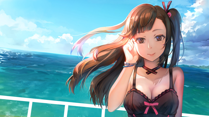 1girl blue_sky bracelet breasts brown_eyes brown_hair cleavage clouds day highres jewelry kamisakai long_hair looking_at_viewer medium_breasts mole mole_under_eye neck_ribbon original outdoors ribbon side_ponytail sky smile solo upper_body water wind