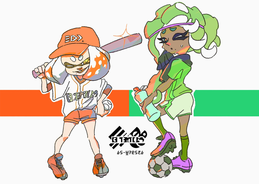 2girls ball baseball baseball_cap baseball_uniform bottle carrying_over_shoulder cleats dark_skin diffraction_spikes eyebrows green_eyes green_hair hat highres inoue_seita logo long_hair looking_at_viewer looking_back marina_(splatoon) multiple_girls official_art orange_hat pearl_(splatoon) short_hair shorts soccer_ball soccer_uniform splatoon splatoon_2 sportswear sweat tentacle_hair towel towel_around_neck water_bottle white_hair white_shorts wiping_face yellow_eyes