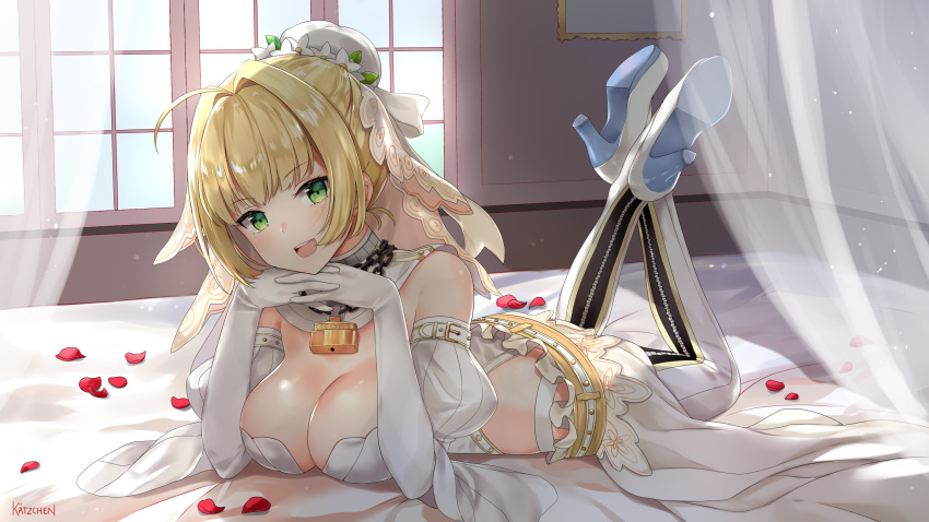 1girl :d ahoge bangs bed blonde_hair blush boots breasts chains cleavage curtains detached_collar detached_sleeves elbow_gloves eyebrows_visible_through_hair fate/extra fate/extra_ccc fate/grand_order fate_(series) flower gloves green_eyes hair_flower hair_intakes hair_ornament highres indoors interlocked_fingers juliet_sleeves kaetzchen large_breasts leotard lock long_sleeves lying nero_claudius_(bride)_(fate) nero_claudius_(fate)_(all) on_stomach open_mouth padlock petals puffy_sleeves signature smile solo strapless strapless_leotard thigh-highs thigh_boots transparent upper_teeth veil white_collar white_flower white_footwear white_gloves white_legwear white_leotard window