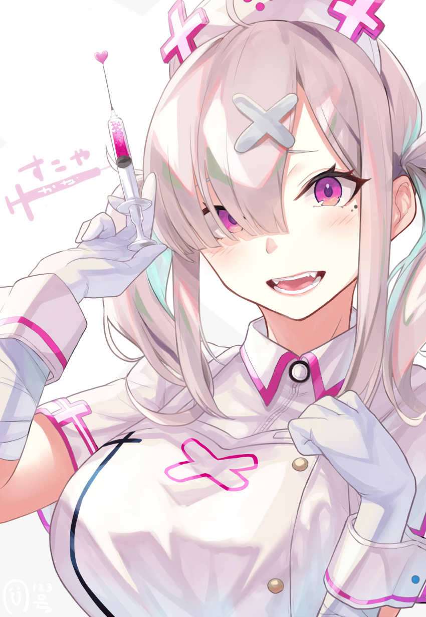 1girl absurdres ahoge bangs blush breasts commentary_request gloves hair_ornament hair_over_one_eye hat highres kizibato123go large_breasts long_hair looking_at_viewer nijisanji nurse nurse_cap open_mouth sharp_teeth smile solo sukoya_kana teeth twintails violet_eyes virtual_youtuber white_gloves wrist_cuffs x_hair_ornament