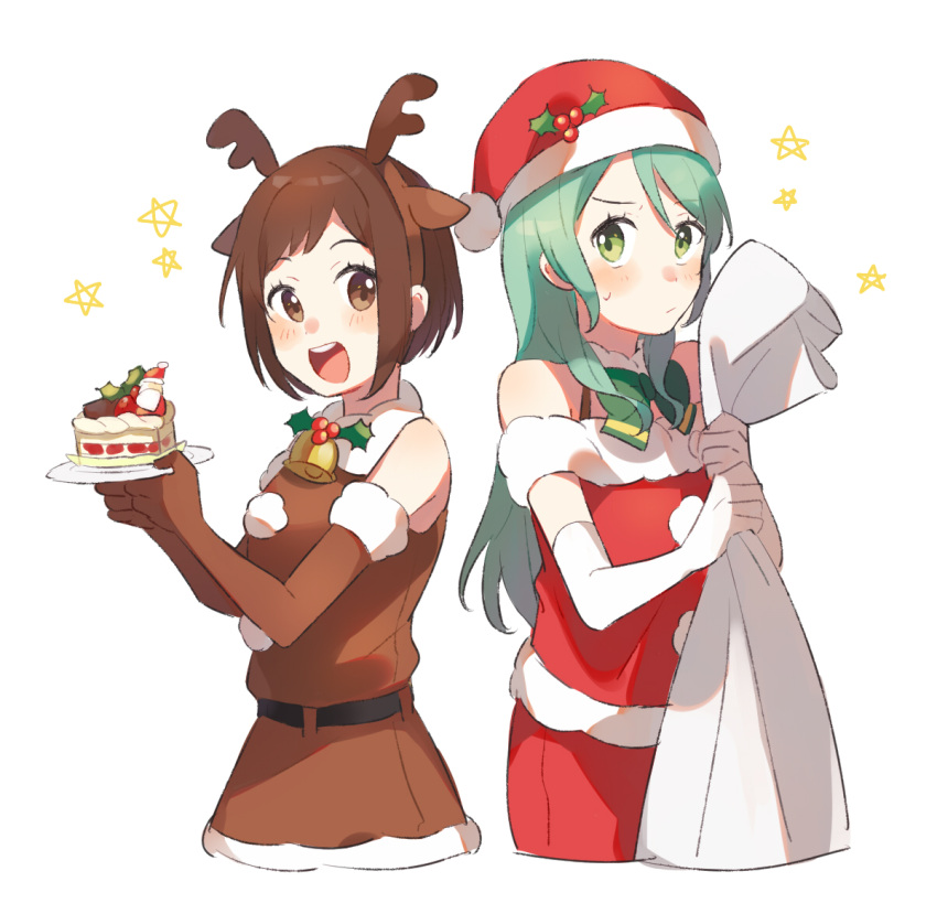 2girls :d animal_costume antlers aqua_hair bang_dream! bangs bell belt blush bob_cut bow bowtie brown_eyes brown_gloves brown_hair brown_shirt brown_skirt cake christmas elbow_gloves fake_antlers food fur_trim gloves green_eyes green_neckwear hat hazawa_tsugumi hikawa_sayo holding holding_plate holly long_hair multiple_girls open_mouth plate pom_pom_(clothes) red_hat red_shirt reindeer_antlers reindeer_costume round_teeth sack santa_costume santa_hat shirt short_hair simple_background skirt slice_of_cake smile star sweatdrop teeth unapoppo upper_teeth white_background white_gloves