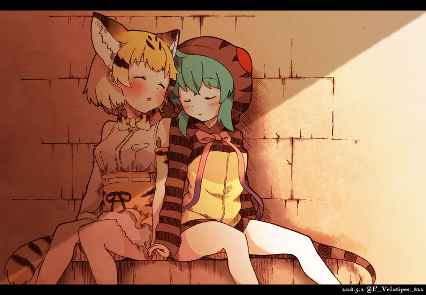 2girls animal_ears bare_legs blonde_hair blue_hair blush bow bowtie cat_ears cat_tail closed_eyes commentary_request elbow_gloves enk_0822 eyebrows_visible_through_hair frilled_skirt frills gloves hand_holding highres hood hoodie kemono_friends multicolored_hair multiple_girls neck_ribbon ribbon sand_cat_(kemono_friends) short_hair skirt sleeping sleeping_on_person snake_tail tail tsuchinoko_(kemono_friends) vest