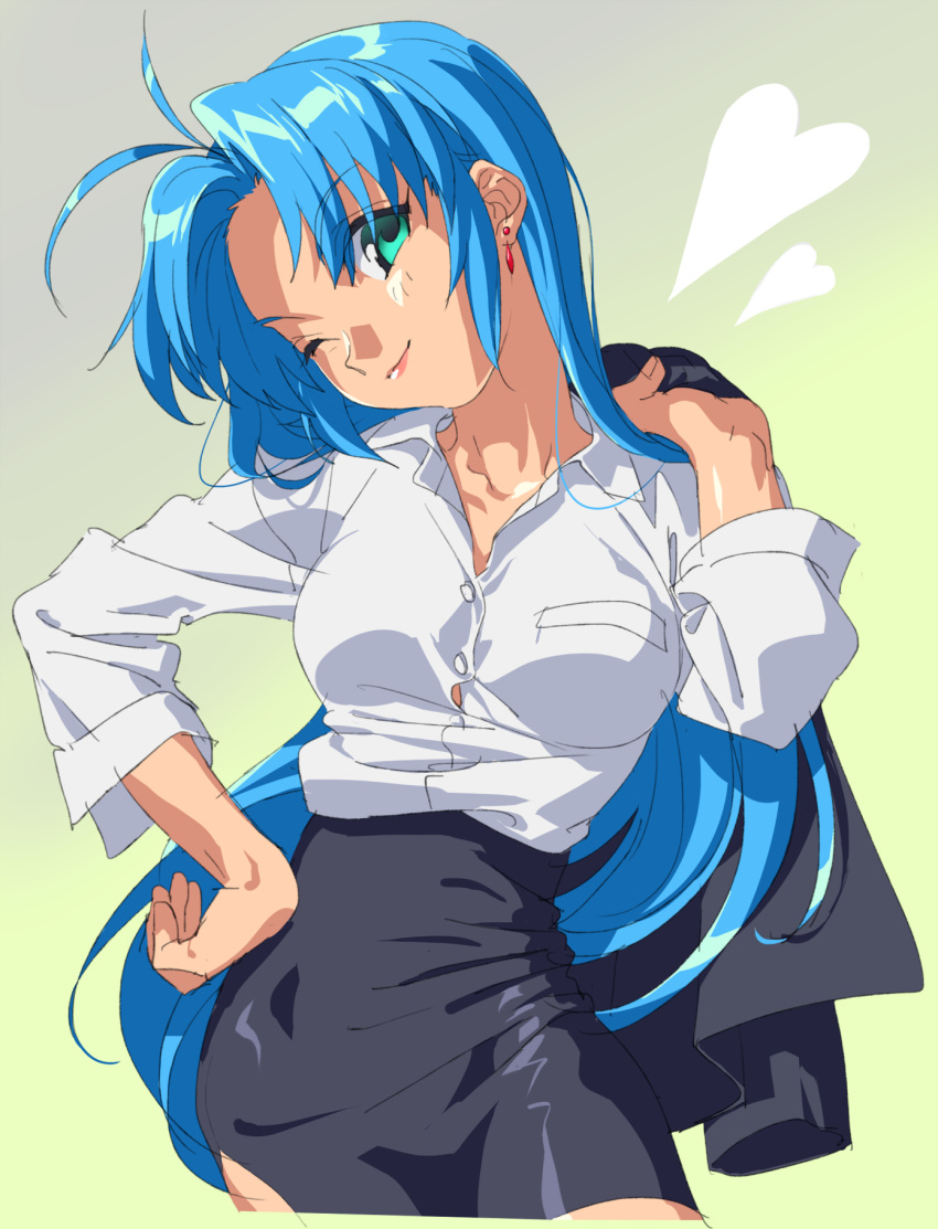 1girl ;) antenna_hair aqua_eyes black_skirt blue_hair breasts buttons closed_mouth collared_shirt cowboy_shot dress_shirt earrings eyebrows eyebrows_visible_through_hair eyes_visible_through_hair gradient gradient_background hair_intakes hand_on_hip hand_up head_tilt heart high-waist_skirt highres holding holding_clothes home_(houmei) jewelry jikkyou_powerful_pro_yakyuu lips long_hair long_sleeves looking_at_viewer medium_breasts miniskirt one_eye_closed pencil_skirt pink_lips shirt side_slit skirt smile solo tachibana_mizuki_(pawapro) very_long_hair white_shirt