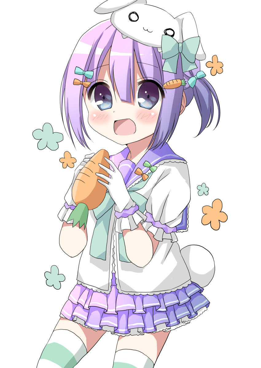 1girl :d absurdres animal animal_on_head bangs blue_bow blush bow bunny_on_head bunny_tail carrot commentary_request eyebrows_visible_through_hair food gloves green_bow hair_between_eyes hair_bow hamada_pengin highres holding holding_food layered_skirt on_head one_side_up open_mouth orange_bow original pleated_skirt puffy_short_sleeves puffy_sleeves purple_hair purple_sailor_collar purple_skirt rabbit sailor_collar school_uniform serafuku shirt short_sleeves sidelocks skirt smile solo striped striped_legwear tail thigh-highs white_gloves white_shirt