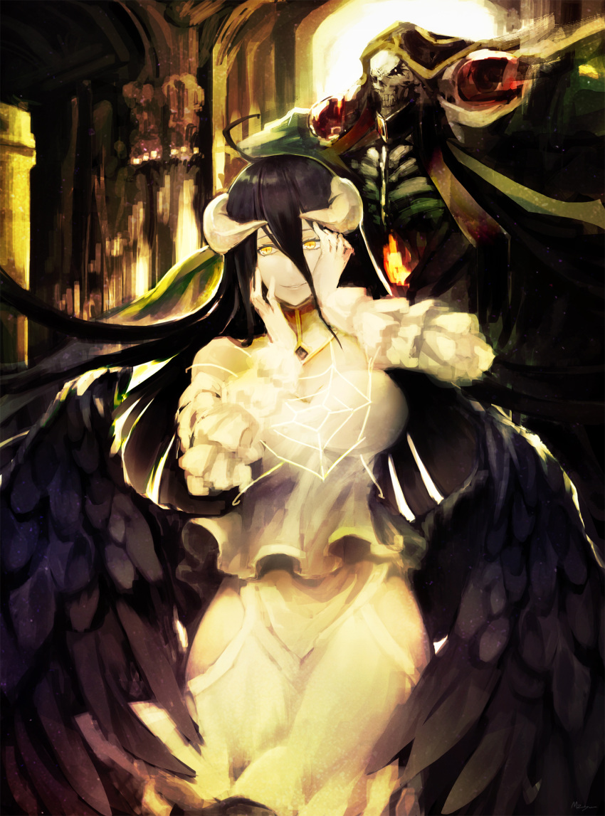 1boy 1girl ainz_ooal_gown albedo black_hair black_wings breasts demon_girl demon_horns demon_wings detached_collar dress feathered_wings feathers gloves hair_between_eyes hands_on_own_face highres hip_vent hood horns large_breasts lich long_hair low_wings mozuyun overlord_(maruyama) skeleton skull slit_pupils smile standing white_dress white_gloves wings yellow_eyes