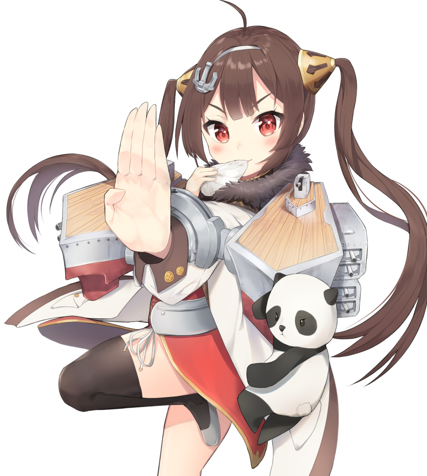 1girl anchor_hair_ornament applepie_(12711019) azur_lane baozi brown_hair eating fighting_stance food hair_ornament highres jacket long_hair looking_at_viewer panda ping_hai_(azur_lane) red_eyes rigging simple_background single_thighhigh solo thigh-highs twintails white_background