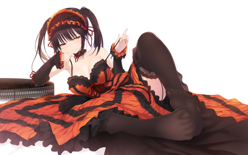 1girl absurdres alternate_legwear bangs bare_shoulders blush breasts brown_hair brown_legwear cait closed_mouth commentary date_a_live dress feet_together hair_between_eyes highres huge_filesize knees_apart_feet_together looking_at_viewer medium_breasts multicolored multicolored_clothes multicolored_dress short_hair smile solo spread_legs thigh-highs tokisaki_kurumi twintails white_background yellow_eyes