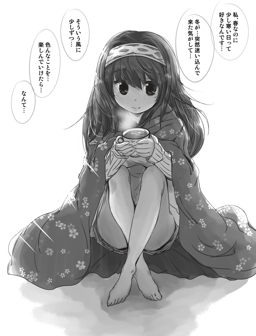 1girl absurdres arms_on_knees bangs bare_legs barefoot blanket closed_mouth coffee_mug convenient_leg cup eyebrows_visible_through_hair floral_print full_body greyscale hair_intakes hairband highres holding holding_cup idolmaster idolmaster_cinderella_girls kino-sr knees_up legs_crossed long_hair long_sleeves looking_at_viewer messy_hair monochrome mug ribbed_sweater sagisawa_fumika shorts sitting smile solo sparkle steam sunlight sweater swept_bangs translation_request white_background