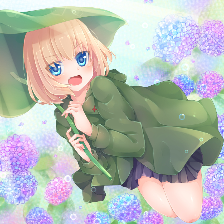 1girl :d bangs black_skirt blonde_hair blue_eyes commentary_request droplet emblem eyebrows_visible_through_hair fang flower giant_leaf girls_und_panzer highres holding hooded hydrangea katyusha leaf leaf_umbrella long_sleeves looking_at_viewer lying miniskirt on_back open_mouth oversized_object pleated_skirt pravda_school_uniform raincoat school_uniform short_hair skirt smile solo standing yunagi_(arukumaruta)