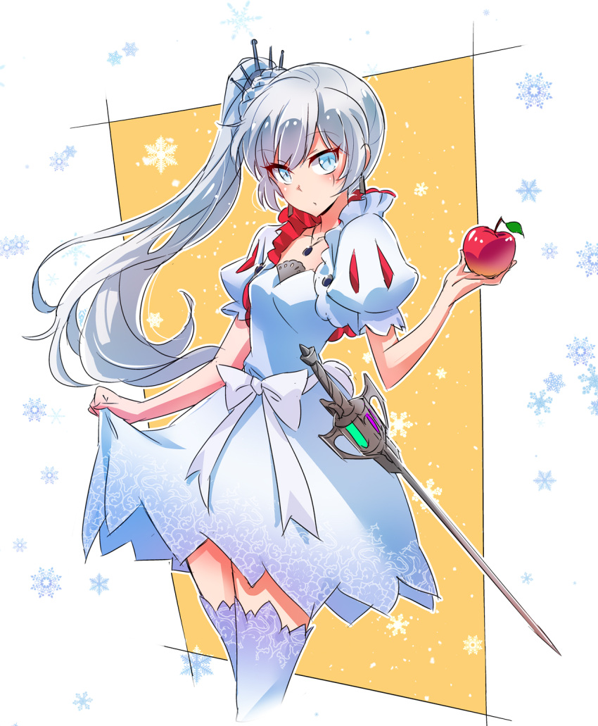 1girl adapted_costume apple bow dress earrings food fruit highres iesupa jewelry long_hair necklace ponytail rapier rwby scar scar_across_eye side_ponytail snow_white_and_the_seven_dwarfs solo sword thigh-highs weapon weiss_schnee white_dress white_hair