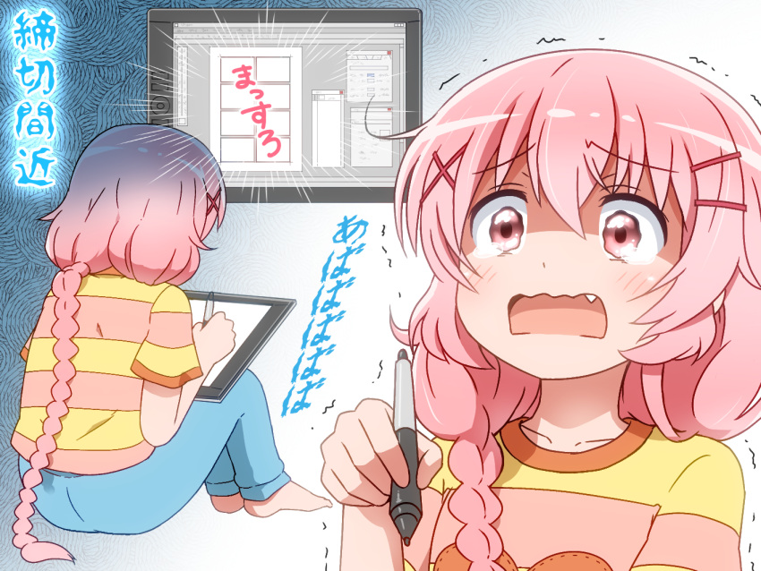 1girl bangs barefoot blue_pants blush comic_girls commentary_request drawing_tablet eyebrows_visible_through_hair fang gradient gradient_background hair_between_eyes hair_ornament hairclip holding holding_stylus moeta_kaoruko open_mouth pants pink_hair red_eyes shirosato shirt short_sleeves sitting striped striped_shirt stylus tablet tears trembling wavy_mouth white_background x_hair_ornament