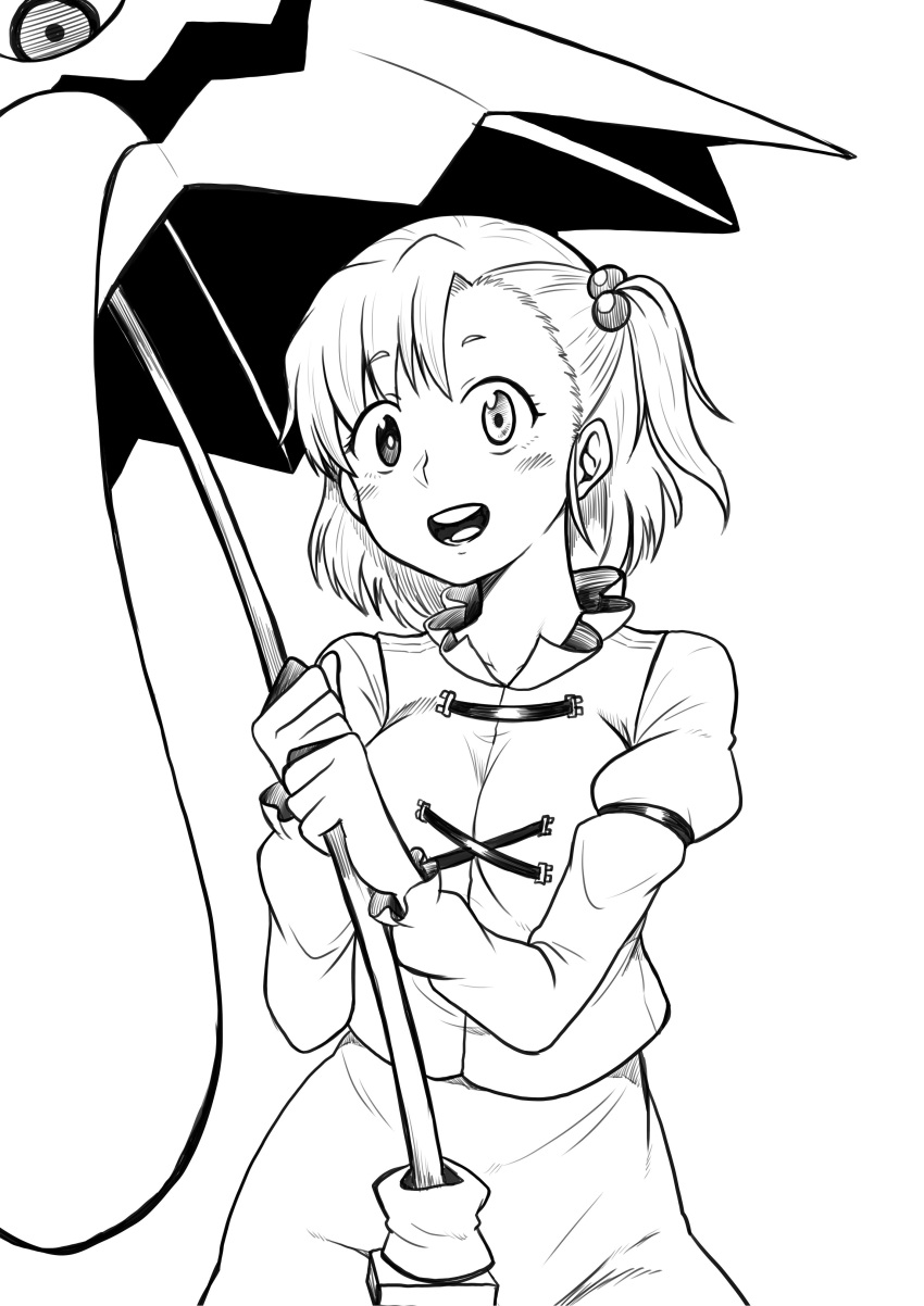 1girl absurdres bangs blush eyebrows_visible_through_hair greyscale hair_bobbles hair_ornament heterochromia highres himajin_noizu holding holding_umbrella juliet_sleeves long_sleeves looking_at_viewer monochrome one_side_up open_mouth puffy_sleeves short_hair simple_background skirt solo tatara_kogasa tongue touhou umbrella white_background