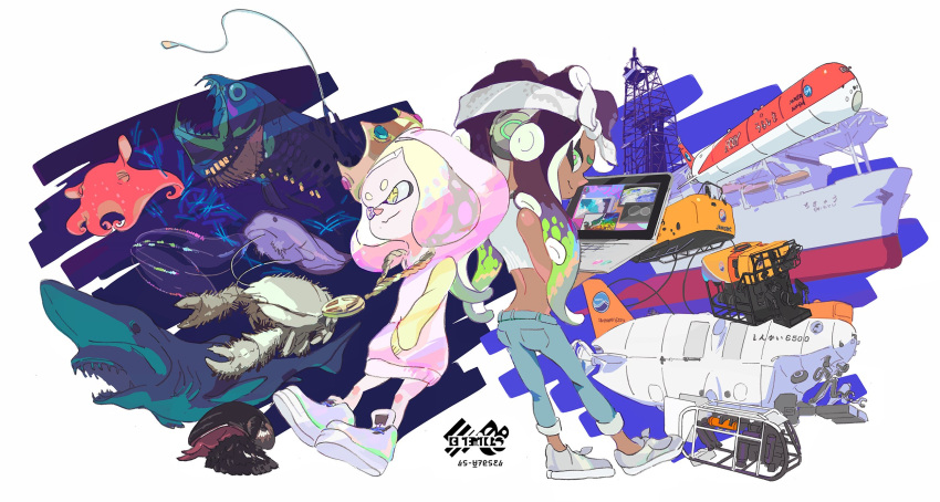2girls anglerfish back-to-back bandanna black_hair cephalopod_eyes commentary_request computer crab crop_top crown dark_skin denim fish flapjack_octopus full_body green_eyes hands_in_pockets highres jamstec jeans jellyfish jewelry laptop logo looking_back marina_(splatoon) multiple_girls necklace official_art pants pearl_(splatoon) shark ship splatoon splatoon_2 tentacle_hair watercraft white_hair yellow_eyes