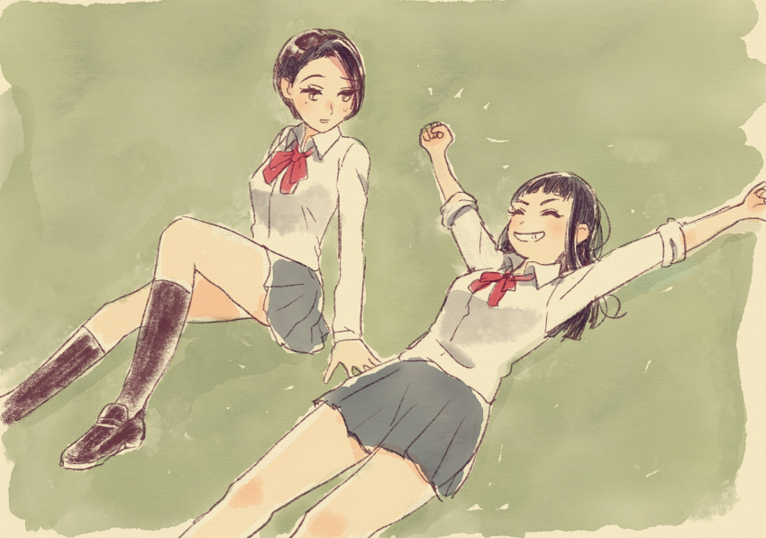 2girls ^_^ arms_up bangs black_hair blunt_bangs clenched_hands closed_eyes faux_traditional_media grass grin highres kneehighs kobuchizawa_takako long_hair long_sleeves lying mole mole_under_eye multiple_girls outdoors partially_colored school_uniform shirt shoes short_hair sitting skirt sleeves_rolled_up smile sora_yori_mo_tooi_basho spoilers stretch suzzy sweatdrop toudou_gin younger
