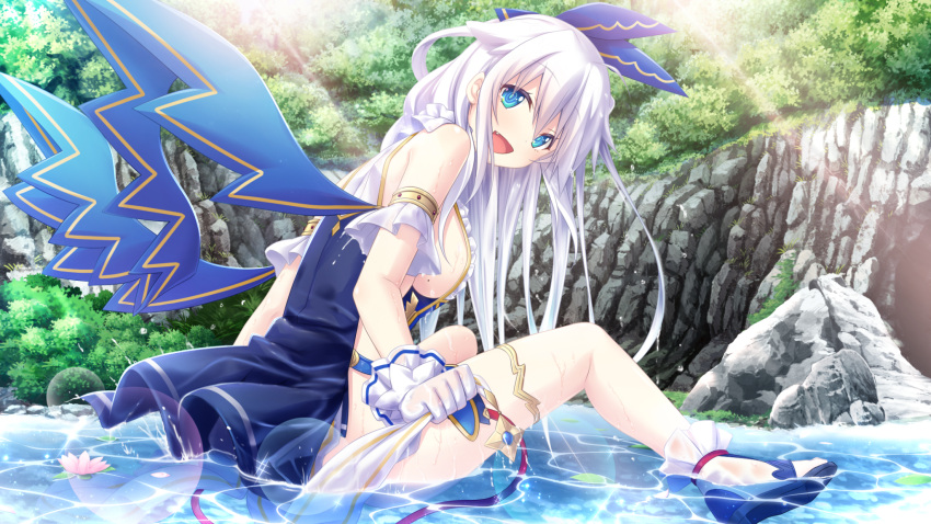 1girl :d amayui_castle_meister armlet blue_eyes blue_footwear blue_ribbon blue_wings breasts day dia_(amayui_castle_meister) eyebrows_visible_through_hair floating_hair gloves hair_between_eyes hair_ribbon headband highres large_breasts lens_flare long_hair looking_at_viewer open_mouth outdoors ribbon sideboob silver_hair sitting smile solo very_long_hair water white_gloves wings yano_mitsuki
