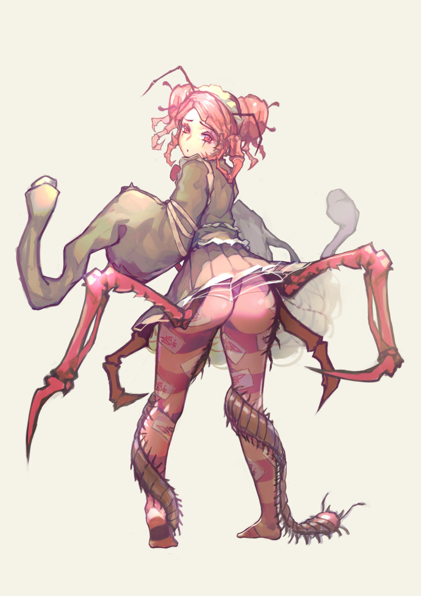 1girl absurdres antennae apron ass centipede_girl double_bun entoma_vasilissa_zeta frills from_behind highres insect_girl looking_at_viewer luviantree maid maid_headdress millipede monster_girl multiple_arms multiple_legs overlord_(maruyama) red_eyes redhead silk solo spider_web