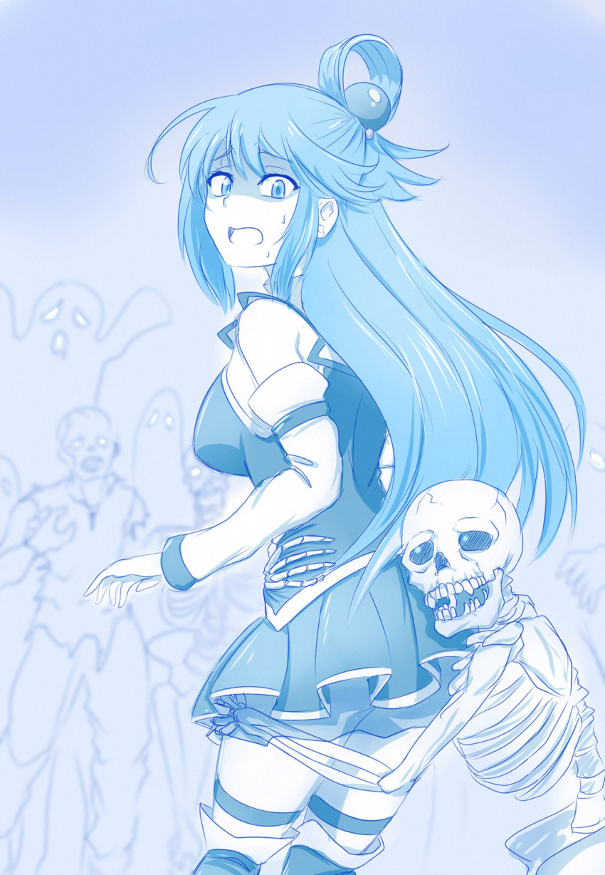 1girl aqua_(konosuba) ass bare_shoulders blue breasts detached_sleeves from_behind ghost highres hug kono_subarashii_sekai_ni_shukufuku_wo! long_hair medium_breasts monochrome open_mouth scared shaded_face skeleton skirt standing sweatdrop thigh-highs very_long_hair vest viperxtr wide-eyed zombie