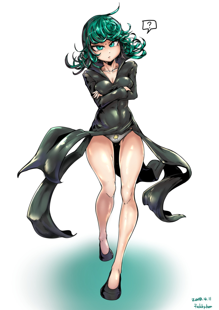 1girl ? animal_print black_dress breasts crossed_arms curly_hair dress full_body green_eyes green_hair highres one-punch_man panties redchicken simple_background solo spoken_question_mark tatsumaki underwear white_background white_panties
