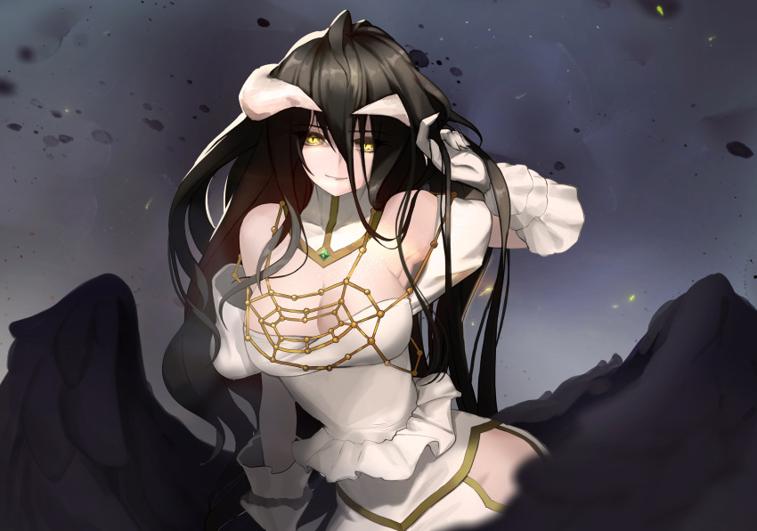1girl albedo black_hair black_wings breasts cleavage demon_girl demon_horns demon_wings detached_collar dress feathered_wings feathers frills gloves hair_between_eyes hand_in_hair hatchi highres hip_vent horns jewelry large_breasts low_wings necklace overlord_(maruyama) slit_pupils white_dress white_gloves wings yellow_eyes