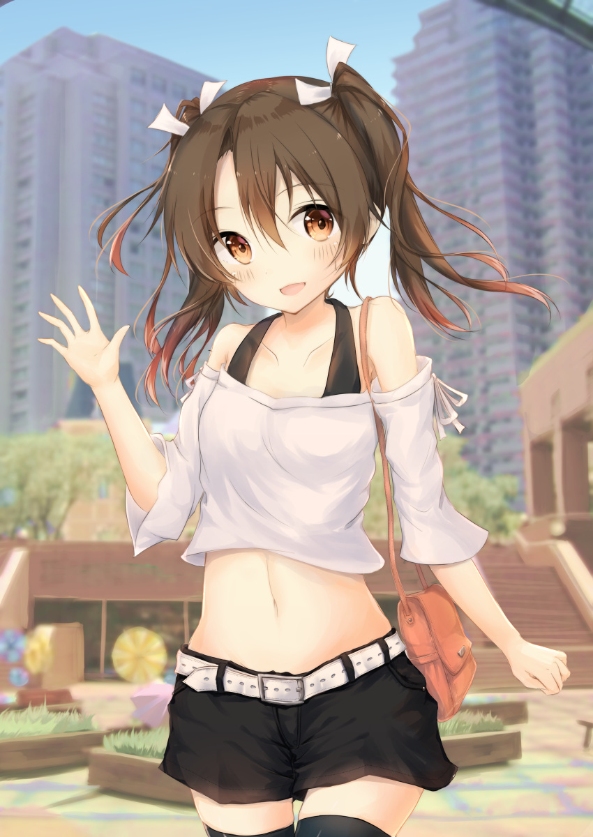 1girl :d absurdres bag bangs bare_shoulders belt belt_buckle black_legwear black_shorts blue_sky blurry blurry_background blush breasts brown_eyes brown_hair buckle building casual commentary_request cowboy_shot crop_top day eyebrows_visible_through_hair hair_between_eyes hair_ribbon hand_up highres kantai_collection long_hair looking_at_viewer midriff navel off-shoulder_shirt open_mouth outdoors ribbon shirt short_sleeves shorts shoulder_bag sky small_breasts smile solo standing thigh-highs tree twintails uzuki_tsukuyo waving white_ribbon zuikaku_(kantai_collection)