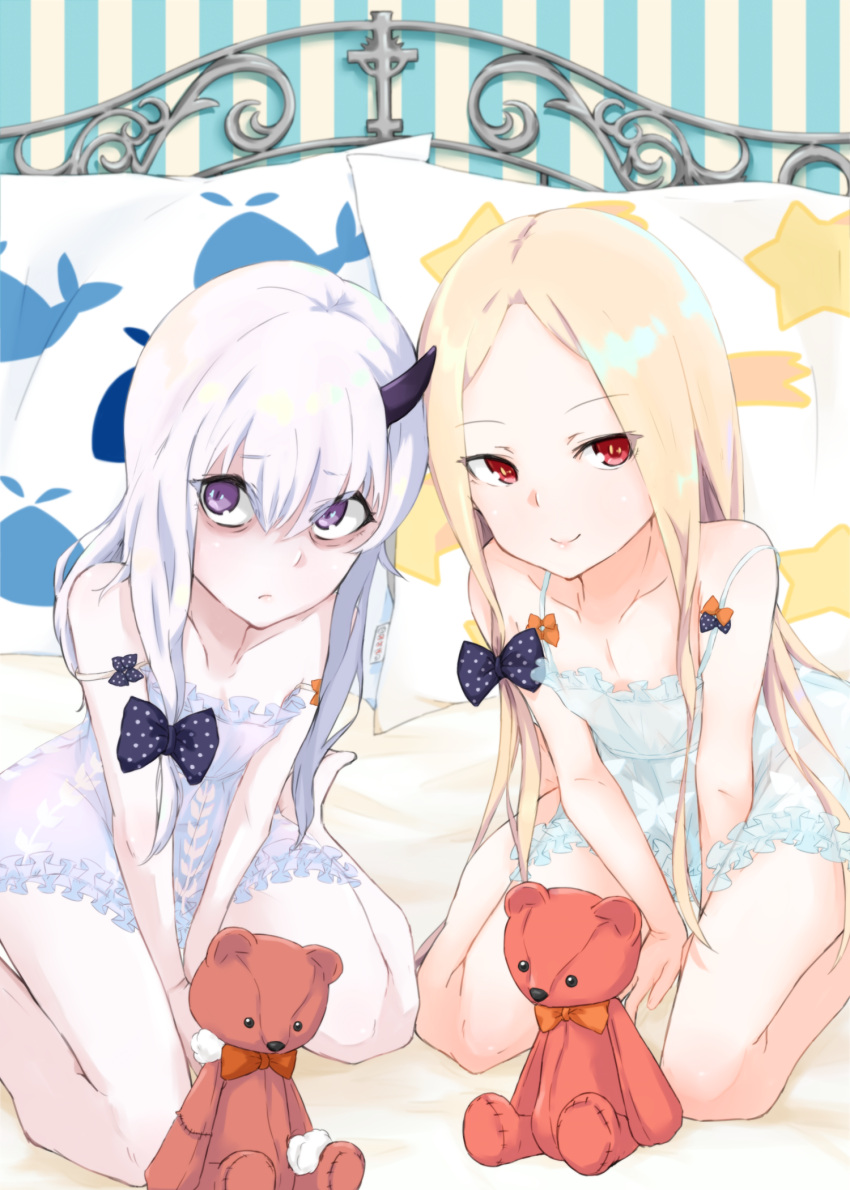 2girls abigail_williams_(fate/grand_order) alakoala_shoushou animal_print bags_under_eyes bangs bare_legs bare_shoulders barefoot bed between_legs black_bow bow chemise closed_mouth collarbone commentary_request damaged eyebrows_visible_through_hair fate/grand_order fate_(series) fish_print hair_between_eyes hair_bow hand_between_legs highres lavinia_whateley_(fate/grand_order) long_hair multiple_girls no_panties on_bed orange_bow parted_bangs pillow polka_dot polka_dot_bow print_pillow red_eyes see-through silver_hair sitting smile star star_print strap_slip striped striped_background stuffed_animal stuffed_toy teddy_bear vertical-striped_background vertical_stripes very_long_hair violet_eyes wariza whale_print