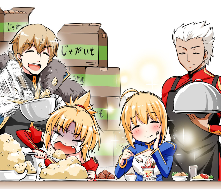 ahoge apron archer artoria_pendragon_(all) blonde_hair blush cape crying dark_skin dessert eating fang fate/grand_order fate_(series) food fruit gawain_(fate/extra) happy highres kanno_takanori mashed_potatoes mordred_(fate) mordred_(fate)_(all) omelet ponytail saber sparkle spoon strawberry white_hair