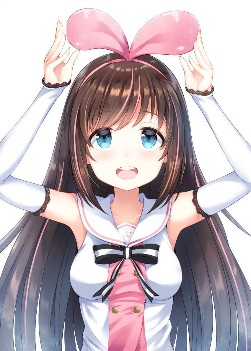 1girl :d a.i._channel absurdres arms_up bangs black_bow blue_eyes blush bow breasts brown_hair commentary_request detached_sleeves eyebrows_visible_through_hair hair_ribbon hairband highres kizuna_ai long_hair long_sleeves medium_breasts multicolored_hair open_mouth pink_hair pink_hairband pink_ribbon ribbon sailor_collar shirt simple_background sleeveless sleeveless_shirt sleeves_past_wrists smile solo streaked_hair striped striped_bow sunsuke upper_body upper_teeth very_long_hair virtual_youtuber white_background white_sailor_collar white_shirt