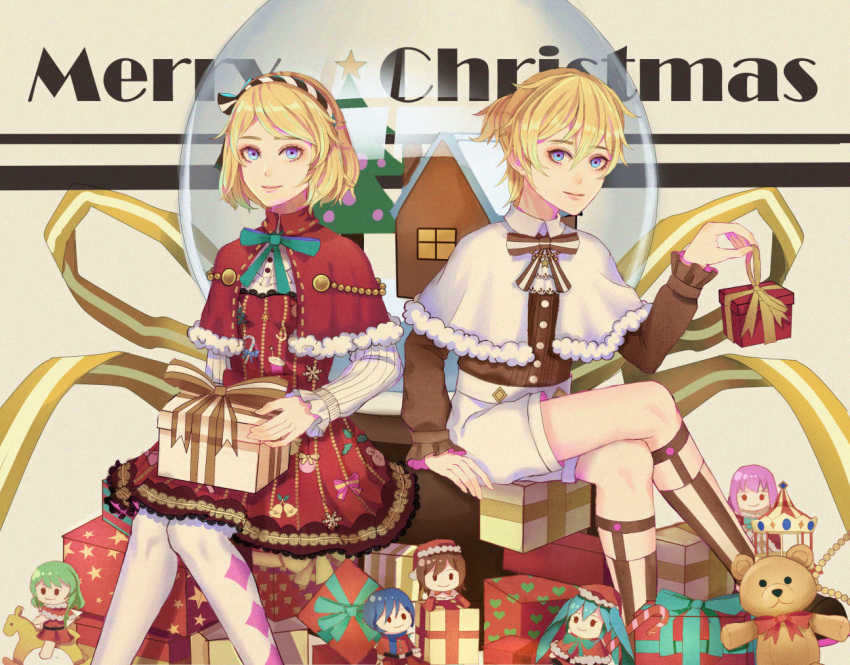 1boy 1girl arm_support bangs blonde_hair blue_eyes bow bowtie box breasts brother_and_sister brown_footwear brown_legwear brown_neckwear brown_shirt buttons candy candy_cane capelet character_doll christmas closed_mouth collared_capelet commentary dress echo_(a19986536) english_commentary feet_out_of_frame food frilled_sleeves frills fur-trimmed_capelet fur_trim gift gift_box green_neckwear gumi hair_between_eyes hand_up hatsune_miku high-waist_shorts holding holding_gift kagamine_len kagamine_rin kaito kamui_gakupo kneehighs knees_together_feet_apart lace lace-trimmed_dress large_ribbon legs_crossed light_smile lips long_sleeves looking_at_viewer meiko merry_christmas oversized_object parted_bangs print_dress red_capelet red_dress ribbon ribbon-trimmed_capelet shiny shiny_hair shirt shoes short_dress short_hair short_shorts shorts siblings sitting sitting_on_object small_breasts snow_globe sock_garters striped striped_legwear striped_neckwear striped_ribbon stuffed_animal stuffed_toy teddy_bear twins vertical-striped_legwear vertical_stripes vocaloid white_capelet white_shorts wing_collar yellow_ribbon