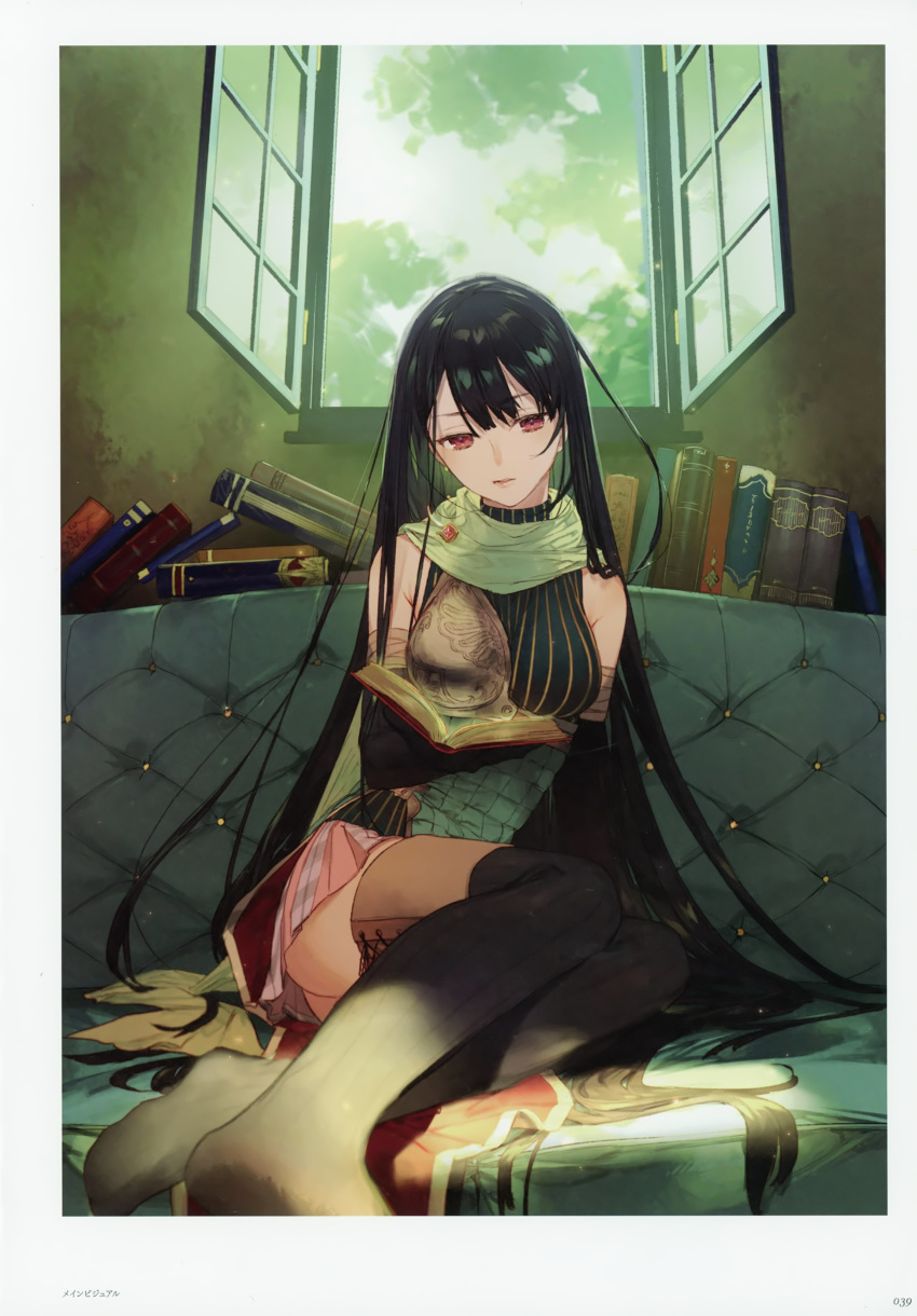 1girl absurdres atelier_(series) atelier_firis bare_shoulders black_hair black_legwear book couch elbow_gloves gloves highres huge_filesize indoors liane_mistlud long_hair no_shoes noco open_book open_window parted_lips reading red_eyes scan sitting skirt solo striped striped_legwear sunlight thigh-highs vertical-striped_legwear vertical_stripes very_long_hair window yokozuwari