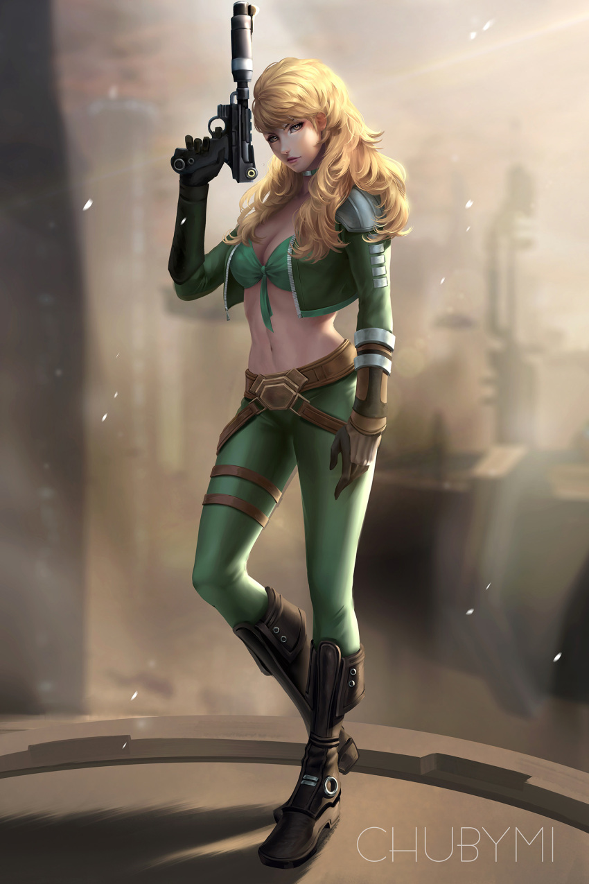 1girl artist_name bikini_top blonde_hair blurry blurry_background breasts choker chuby_mi cleavage day full_body gloves gun highres jacket large_breasts lips long_hair looking_at_viewer midriff navel open_clothes open_jacket outdoors solo standing star_wars weapon yellow_eyes
