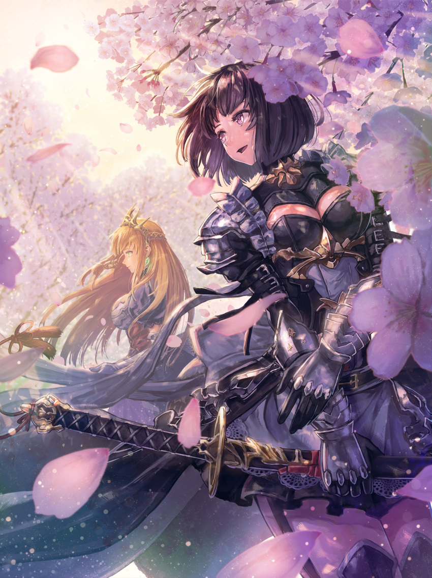 2girls :d armor armored_boots armored_dress blonde_hair boots breasts brown_eyes brown_hair cherry_blossoms cleavage cleavage_cutout day dress earrings erika_(shadowverse) floating_hair flower garter_straps gauntlets green_eyes grey_dress head_tilt highres holding holding_sword holding_weapon jewelry katana kuroi_susumu large_breasts long_hair medium_breasts multiple_girls open_mouth outdoors pink_flower shadowverse short_dress short_hair sideboob smile sunlight sword thigh-highs thigh_boots very_long_hair weapon