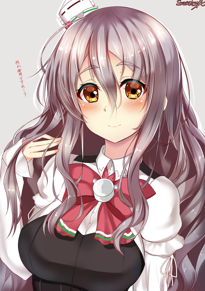 1girl bangs blush bow bowtie breasts brown_eyes closed_mouth collared_shirt corset eyebrows_visible_through_hair grey_hair hair_between_eyes hand_in_hair hat highres kantai_collection large_breasts long_hair long_sleeves looking_at_viewer mini_hat pola_(kantai_collection) sazamiso_rx shirt sidelocks signature simple_background smile solo thick_eyebrows wavy_hair white_shirt