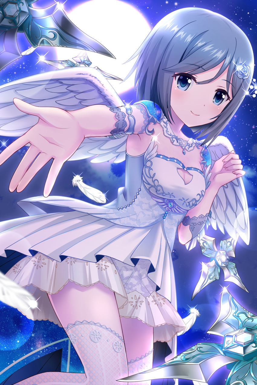 1girl absurdres alternative_girls angel armlet blue_eyes breasts cleavage cleavage_cutout dress feathered_wings full_moon grey_hair highres medium_breasts moon night outdoors outstretched_arm short_dress short_hair sky sleeveless sleeveless_dress solo star_(sky) starry_sky strapless strapless_dress thigh-highs white_dress white_legwear white_wings wings zettai_ryouiki