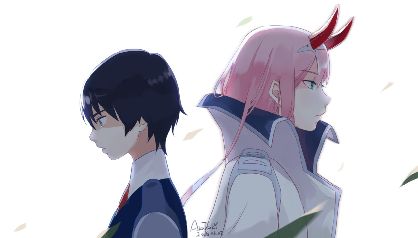 1boy 1girl akatsuki_(oyxiaoyo) black_hair blue_eyes coat couple darling_in_the_franxx eyebrows_visible_through_hair green_eyes hair_ornament hairband highres hiro_(darling_in_the_franxx) horns long_hair military military_uniform necktie oni_horns pink_hair red_horns red_neckwear short_hair signature uniform white_hairband zero_two_(darling_in_the_franxx)