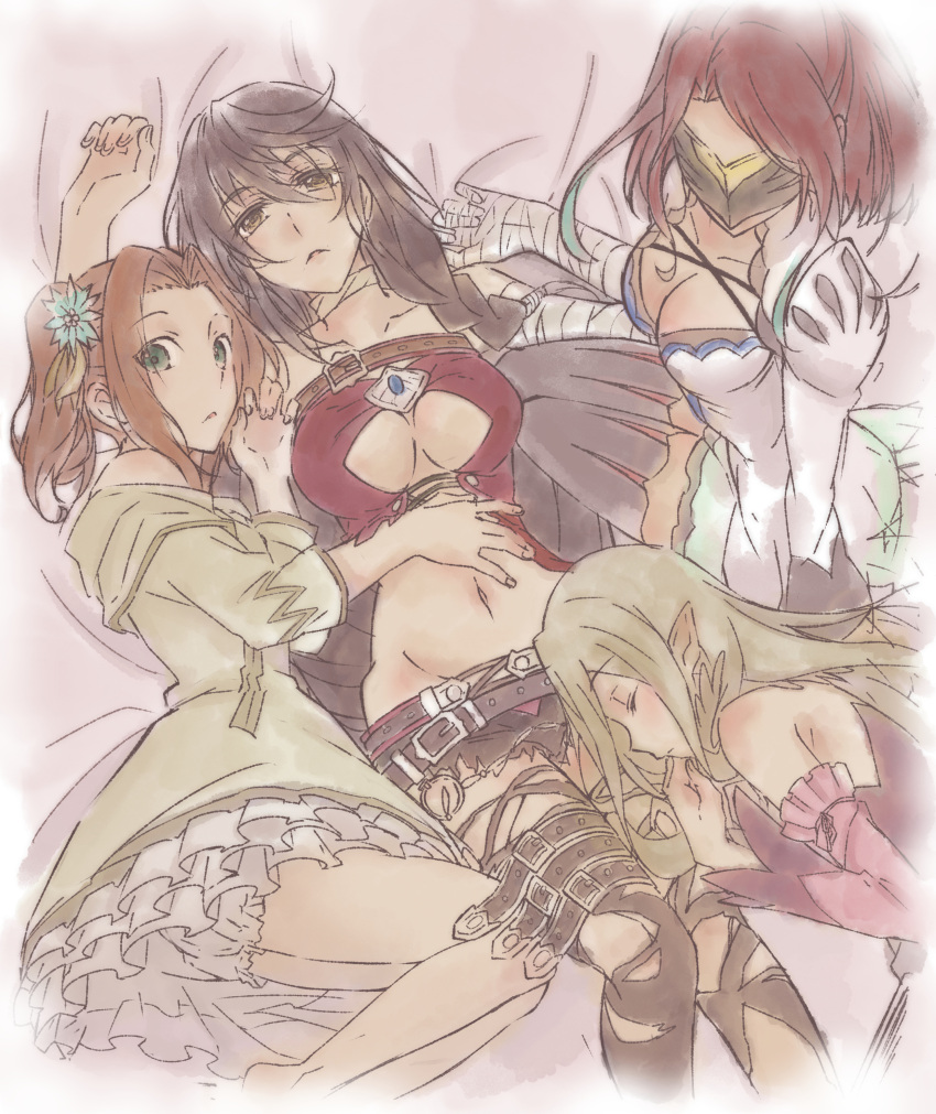 4girls abs absurdres bed belt breasts cleavage_cutout commentary_request eleanor_hume elf harem highres kawauso_(horoyoi48) magilou_(tales) multiple_girls navel pointy_ears seres_(tales) tales_of_(series) tales_of_berseria velvet_crowe yuri