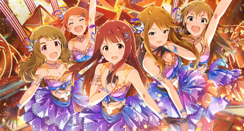 blush brown_hair dress group idolmaster idolmaster_million_live! idolmaster_million_live!_theater_days kousaka_umi long_hair miyao_miya oogami_tamaki red_eyes smile tanaka_kotoha tokoro_megumi