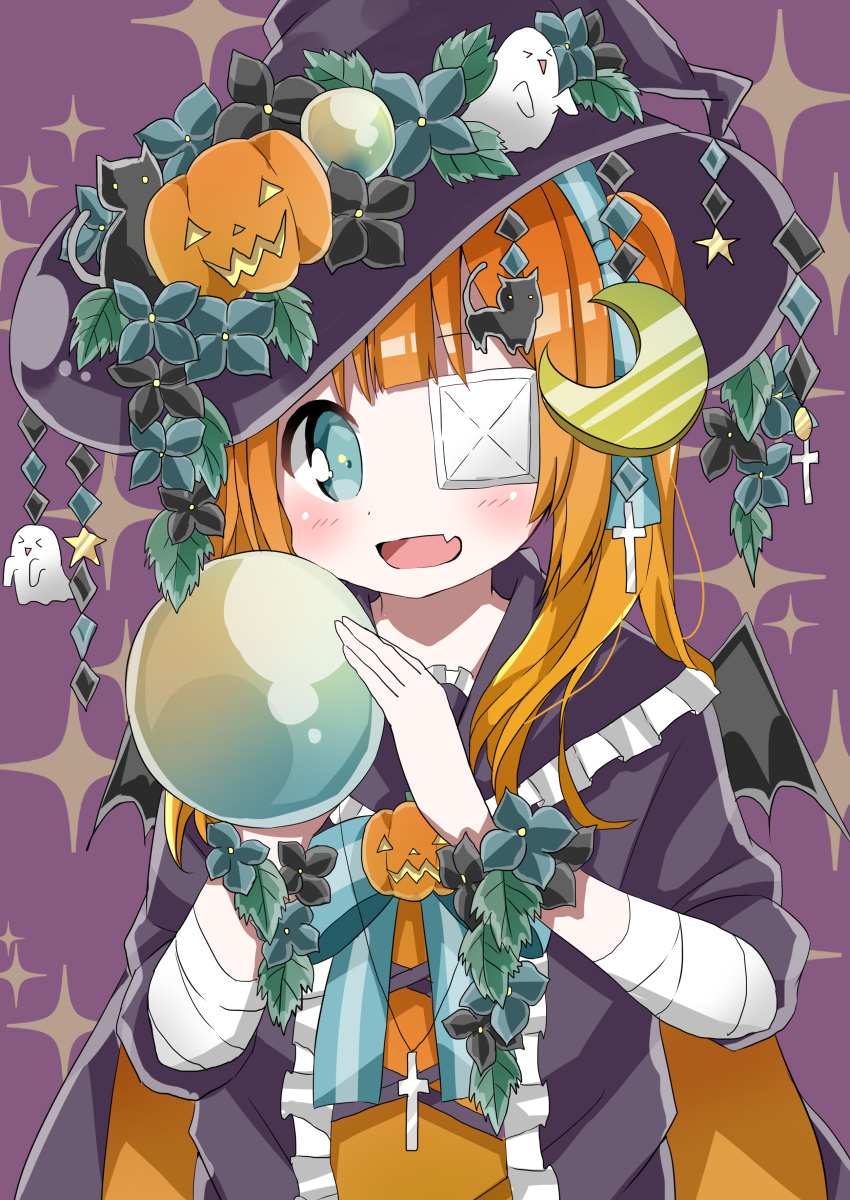 &gt;_&lt; 1girl :d absurdres animal bandage bat_wings black_cat black_hat black_wings blue_eyes blush cat closed_eyes commentary_request crescent crescent_hair_ornament cross eyepatch fang frilled_shirt frilled_shirt_collar frills ghost hair_ornament halloween hamada_pengin hands_up hat highres holding jack-o'-lantern latin_cross long_hair looking_at_viewer open_mouth orange_hair original purple_background purple_shirt shirt smile solo sparkle star wings witch witch_hat