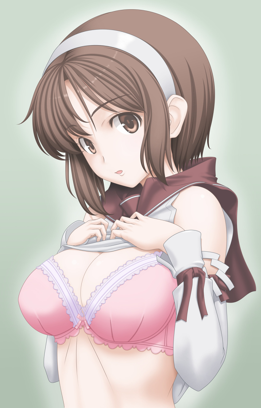 1girl blouse bra breasts brown_eyes brown_hair detached_sleeves eyebrows_visible_through_hair grey_background hairband headband highres kantai_collection large_breasts lifted_by_self looking_at_viewer natori_(kantai_collection) neckerchief open_mouth pink_bra red_sailor_collar sailor_collar school_uniform serafuku shirt_lift short_hair simple_background solo t2r underwear upper_body white_hairband