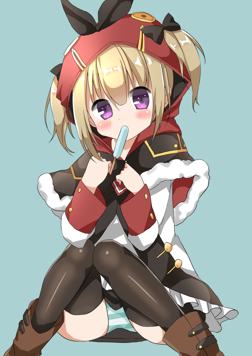 1girl absurdres azur_lane bangs black_bow black_capelet black_legwear black_ribbon black_skirt blonde_hair blue_background blush boots bow brown_footwear capelet commentary_request eyebrows_visible_through_hair food food_in_mouth fur-trimmed_capelet fur_trim hair_between_eyes hair_bow hamada_pengin head_tilt highres hood hood_up long_hair long_sleeves looking_at_viewer mouth_hold norfolk_(azur_lane) panties popsicle ribbon sidelocks simple_background sitting skirt solo striped striped_panties thigh-highs twintails underwear violet_eyes