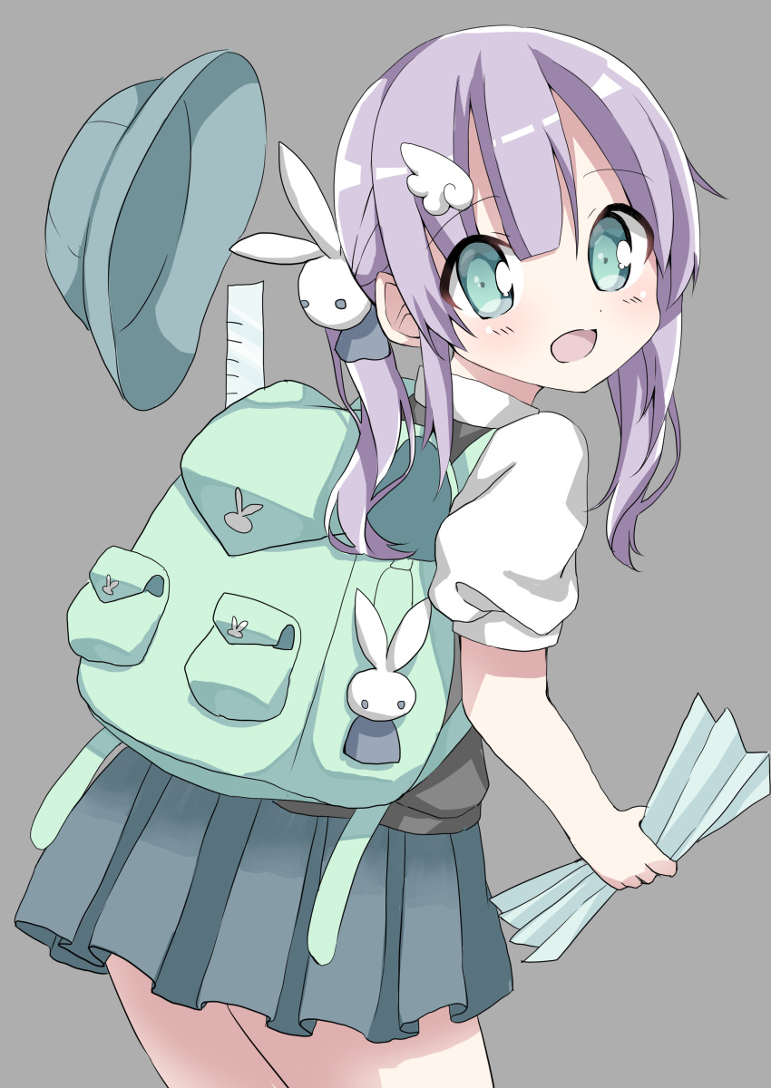 1girl :d absurdres backpack bag bangs blue_hat blue_skirt blush bunny_hair_ornament commentary_request eyebrows_visible_through_hair green_eyes grey_background hair_between_eyes hair_ornament hamada_pengin hat hat_removed head_tilt headwear_removed highres holding long_hair looking_at_viewer looking_back open_mouth original pleated_skirt puffy_short_sleeves puffy_sleeves shirt short_sleeves sidelocks simple_background skirt smile solo sweater_vest twintails violet_eyes white_shirt wing_hair_ornament