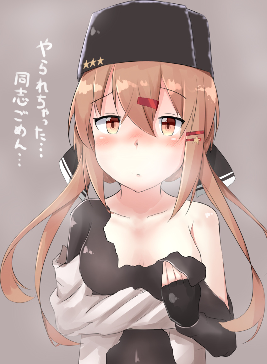 1girl blush bow breasts brown_hair closed_mouth dagappa eyebrows_visible_through_hair grey_background hair_between_eyes hair_bow hair_ornament hairclip hat highres jacket kantai_collection looking_at_viewer low_twintails medium_breasts open_clothes papakha red_eyes russian_clothes simple_background solo tashkent_(kantai_collection) torn_clothes twintails