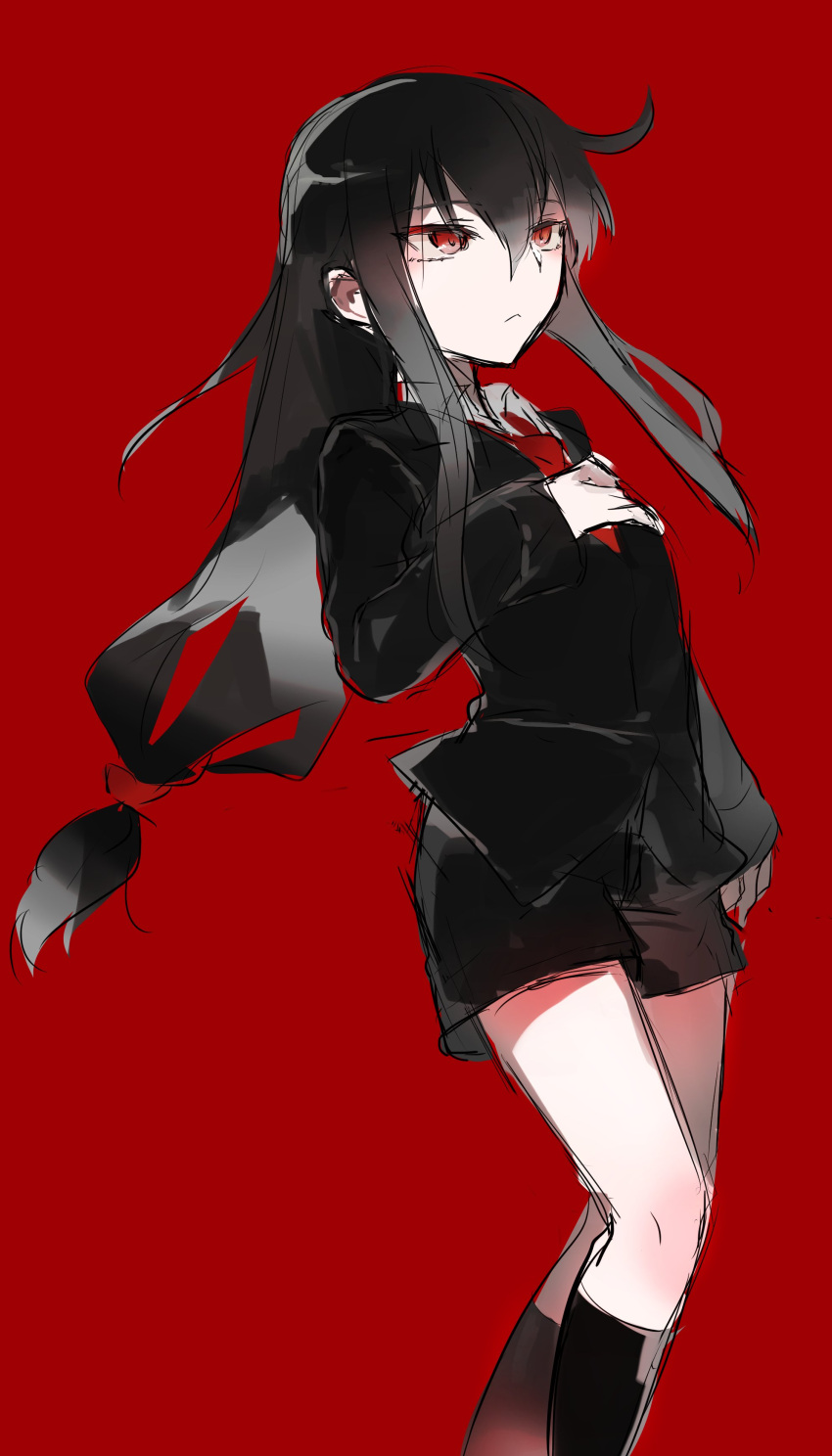 1girl absurdres agtt25333 black_hair black_jacket black_legwear blazer closed_mouth collared_shirt expressionless eyebrows_visible_through_hair feet_out_of_frame hair_between_eyes hair_tie hand_on_own_chest hatsushimo_(kantai_collection) highres jacket kantai_collection kneehighs long_hair long_sleeves low-tied_long_hair necktie red_background red_eyes red_neckwear shirt shorts sidelocks simple_background solo white_shirt