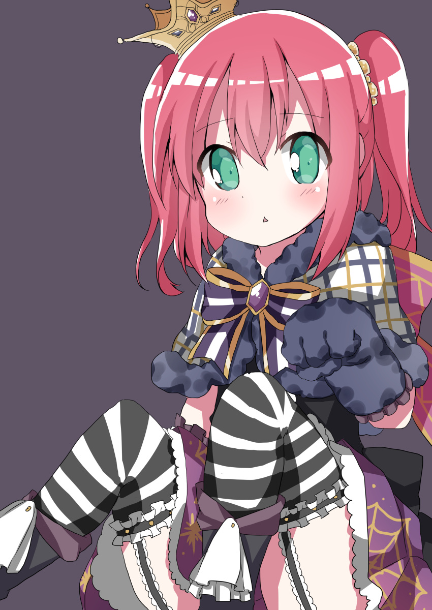 1girl :&lt; absurdres bangs black_background black_footwear blush boots bow capelet commentary_request crown eyebrows_visible_through_hair frilled_legwear fur-trimmed_capelet fur_trim garter_straps gloves hair_between_eyes hair_ornament hair_scrunchie hamada_pengin highres kurosawa_ruby long_hair looking_at_viewer love_live! love_live!_sunshine!! mini_crown orange_scrunchie parted_lips paw_gloves paws pink_hair plaid plaid_capelet print_skirt purple_bow purple_skirt scrunchie sidelocks simple_background sitting skirt solo spider_web_print striped striped_bow striped_legwear thigh-highs triangle_mouth twintails