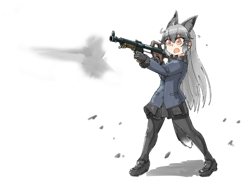 1girl absurdres animal_ears bow bowtie coat eyebrows_visible_through_hair fox_ears fox_tail full_body fur_trim gloves grey_hair gun highres kemono_friends long_hair necktie omnisucker pantyhose pleated_skirt silver_fox_(kemono_friends) skirt solo tail weapon