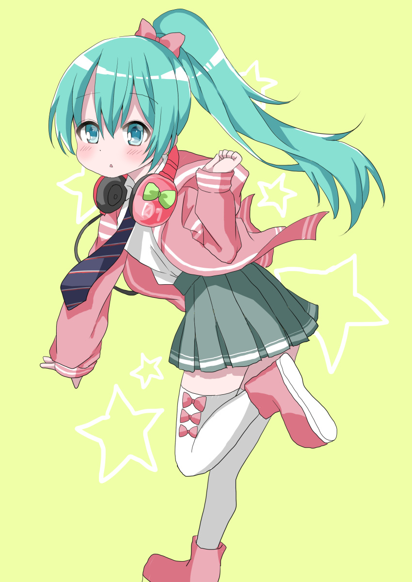 1girl :&lt; absurdres aqua_hair black_neckwear blue_eyes blush boots bow collared_shirt commentary_request diagonal_stripes green_background green_bow grey_skirt hair_bow hamada_pengin hand_up hatsune_miku headphones headphones_around_neck high_ponytail highres hood hood_down hooded_jacket jacket long_hair long_sleeves looking_at_viewer looking_to_the_side necktie open_clothes open_jacket parted_lips pink_bow pink_footwear pink_jacket pleated_skirt ponytail school_uniform shirt simple_background skirt sleeves_past_wrists solo standing standing_on_one_leg star striped striped_neckwear thigh-highs triangle_mouth vocaloid white_legwear white_shirt