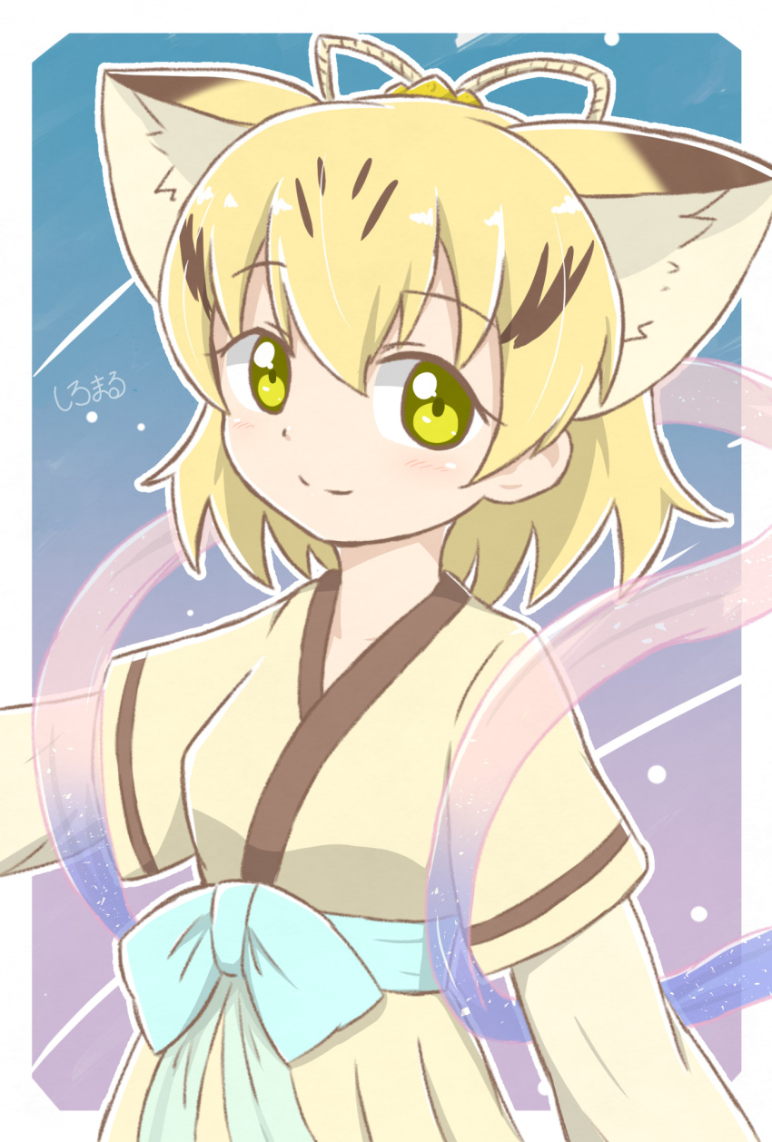1girl alternate_costume animal_ears artist_name blonde_hair cat_ears commentary_request cosplay extra_ears green_eyes highres japanese_clothes kemono_friends looking_at_viewer orihime orihime_(cosplay) sand_cat_(kemono_friends) shawl shiraha_maru short_hair smile solo