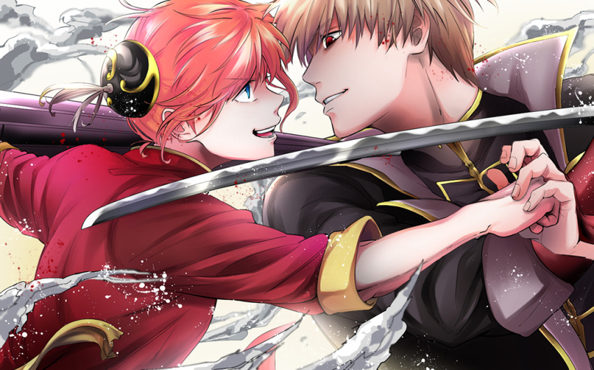1boy 1girl :d blue_eyes brown_hair closed_umbrella eye_contact fighting gintama hair_ornament holding holding_umbrella kagura_(gintama) katana looking_at_another mammy-a okita_sougo open_mouth orange_hair parted_lips red_eyes red_shirt shirt short_hair smile sword umbrella weapon white_background