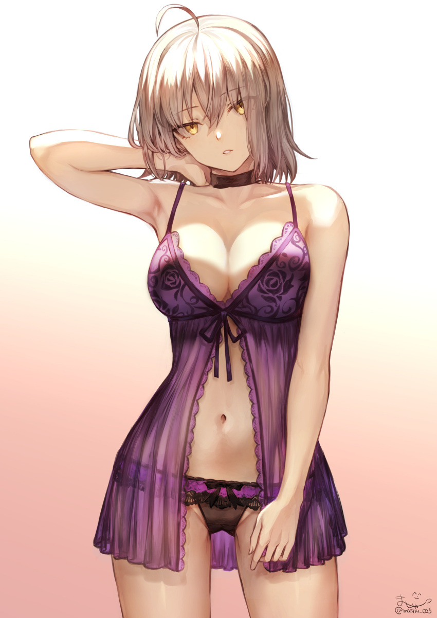 1girl absurdres ahoge arm_up armpits artist_name babydoll bangs bare_arms bare_shoulders black_bow black_panties bow bow_panties breasts choker cleavage collarbone cowboy_shot eyebrows_visible_through_hair fate/grand_order fate_(series) gradient gradient_background head_tilt highres jeanne_d'arc_(alter)_(fate) jeanne_d'arc_(fate)_(all) lace lace-trimmed_panties large_breasts legs_apart lingerie looking_at_viewer mashu_003 navel panties parted_lips signature silver_hair solo stomach twitter_username underwear white_background yellow_eyes