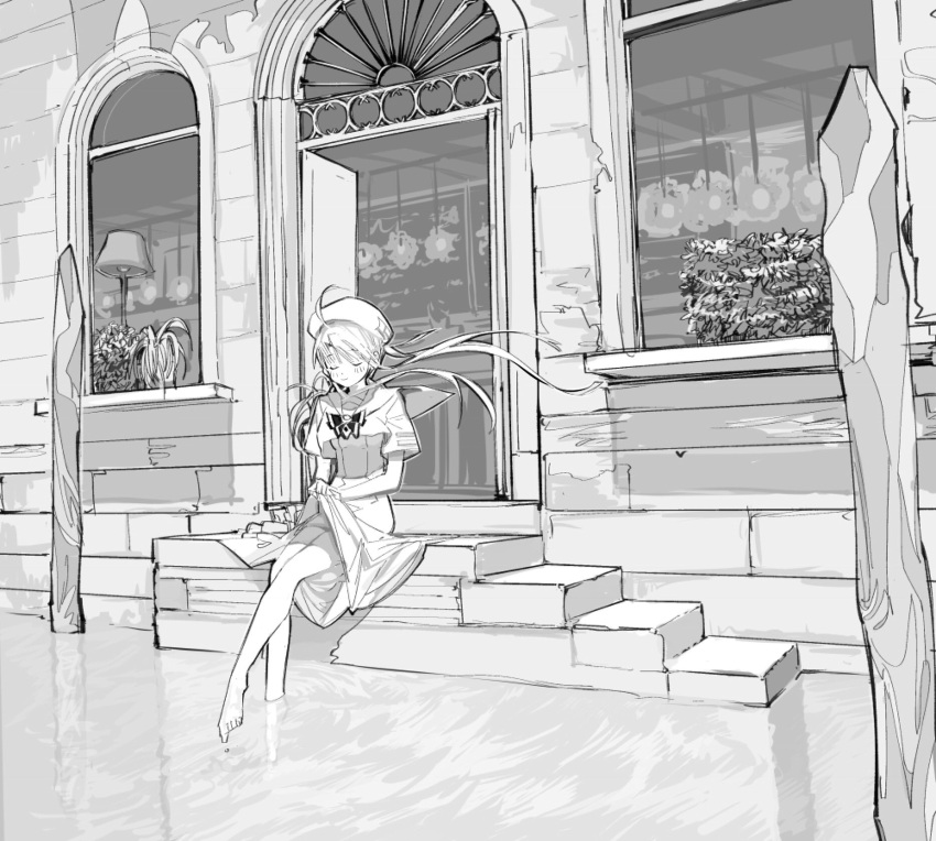 12girl ahoge blush canal character_request closed_eyes copyright_request greyscale highres lamp long_hair monochrome open_door osu5i plant skirt skirt_lift soaking_feet solo spread_legs stairs water wings